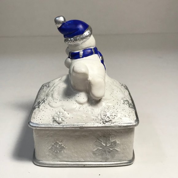 Vintage Ceramic Snowman Snowflake Christmas Trinket Box Jewelry Blue WhiteSilver - Picture 7 of 16